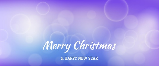 Вектор Рождественская открытка с размытым световым эффектом боке на фиолетовом фоне с круговыми огнями размытия и надписью «с рождеством и новым годом». векторная иллюстрация