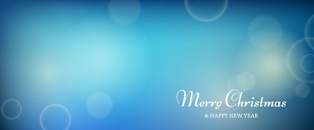 Christmas card featuring a blurred bokeh light effect blue background with circular blur lights and the inscription Merry Christmas and Happy New Year Vector illustration