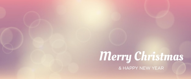 Christmas card featuring a blurred bokeh light effect dark background with circular blur lights and the inscription Merry Christmas and Happy New Year Vector illustration