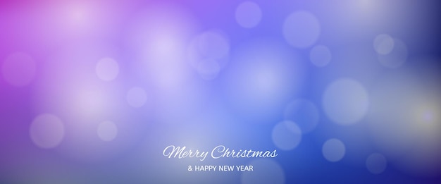 Christmas card featuring a blurred bokeh light effect purple background with circular blur lights and the inscription Merry Christmas and Happy New Year Vector illustration