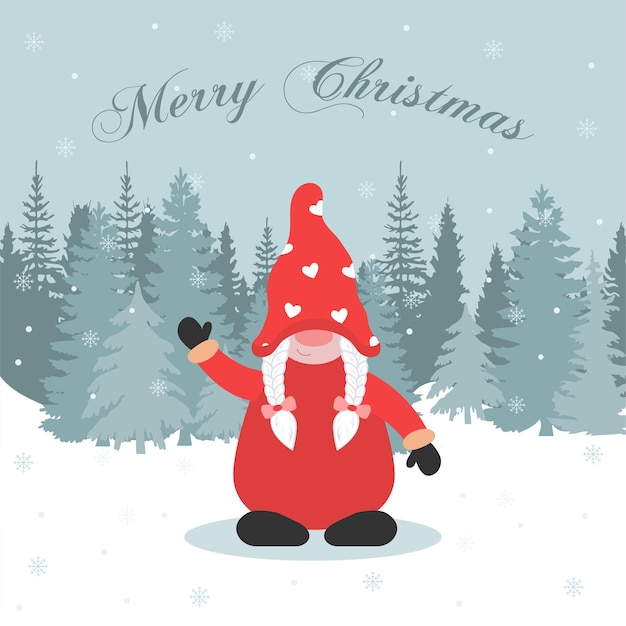 Christmas card gnome with pigtails vector illustration