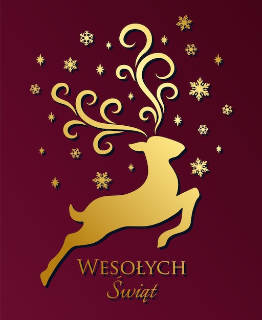 Christmas card. Gold Reindeer. Polish. Vector design.