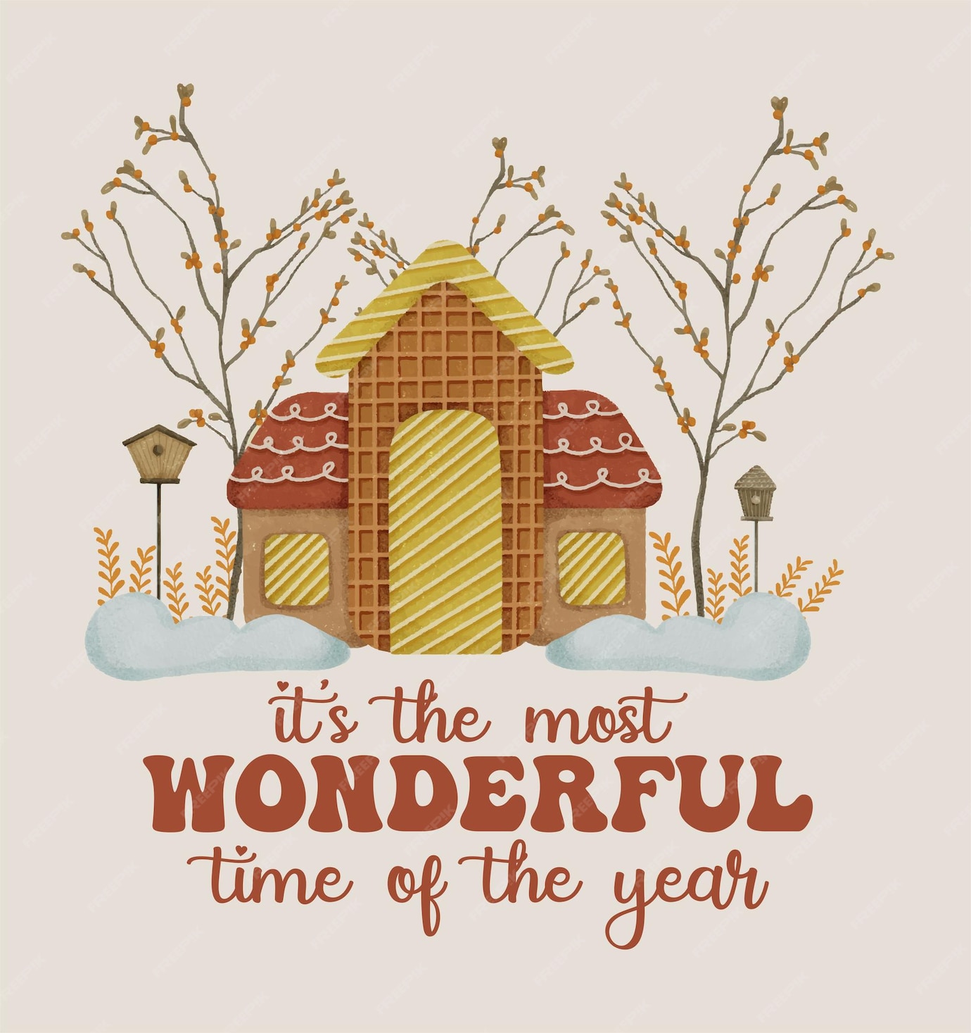 Premium Vector  Christmas card greeting quotes with gingerbread house trees and bird houses in 