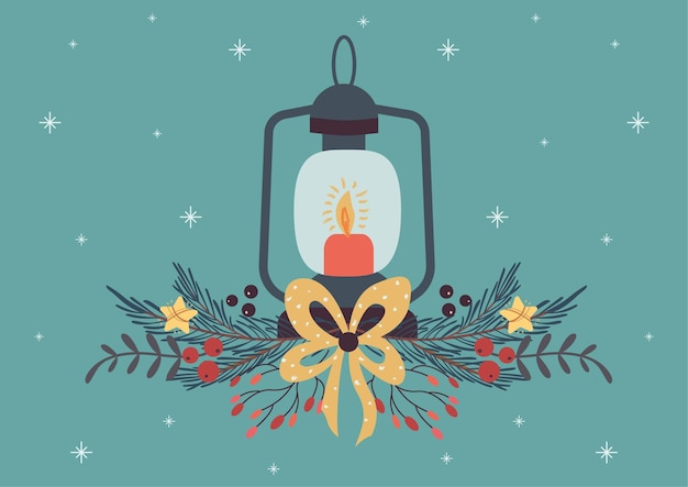 Christmas card  lantern with yellow bow and branches on turquoise background