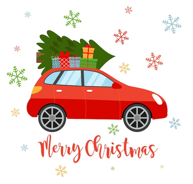christmas card or poster design with retro red pickup truck with christmas tree on board. template for new year party or event invitation or flyer. vintage styled vector illustration.