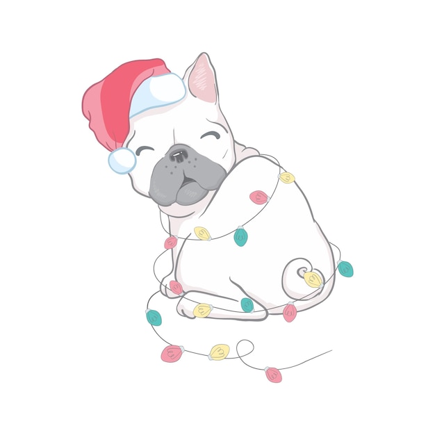 Christmas card. poster of portrait bulldog in a santa's hat.