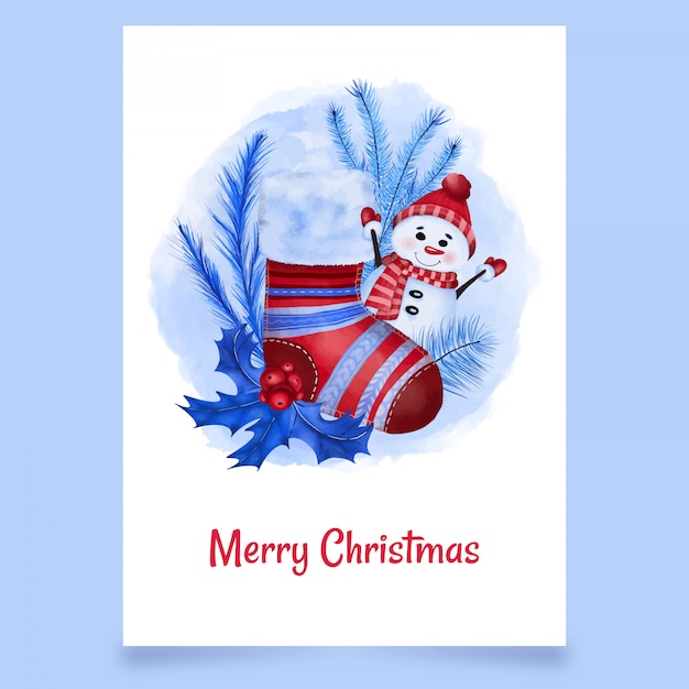 Calza rossa cartolina di natale con pupazzo di neve