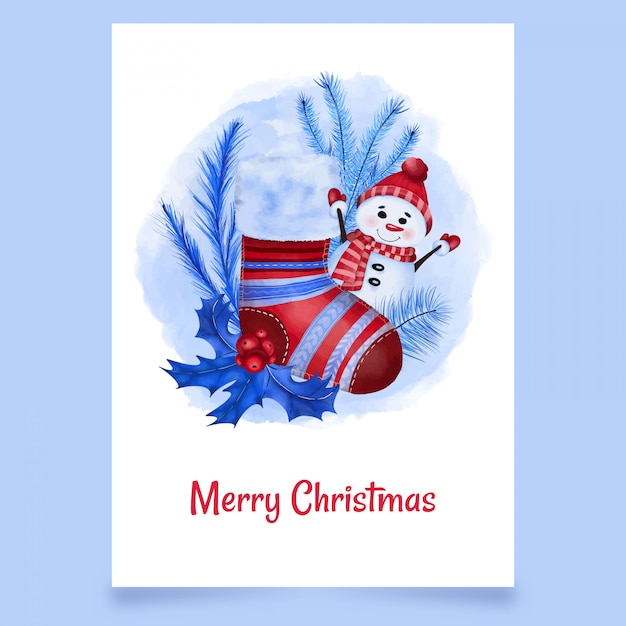 Christmas card red stocking with snowman