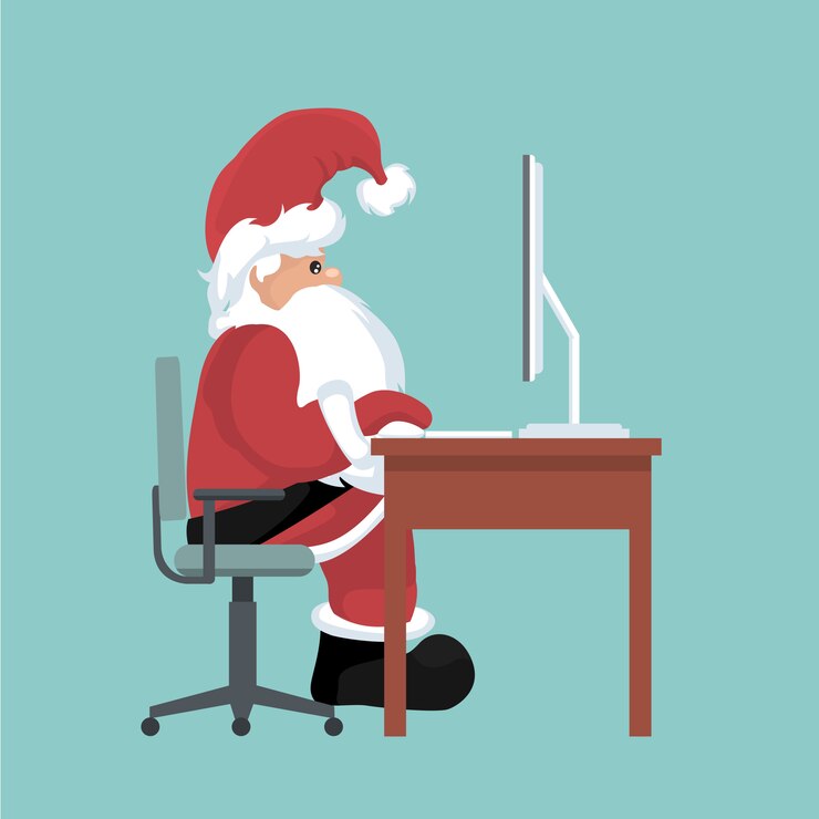 Vector christmas card of santa claus on his computer