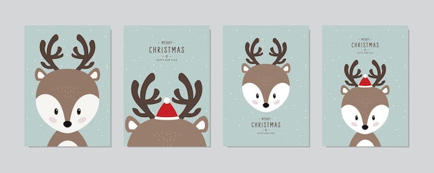 Vector christmas card set cute reindeer merry christmas greeting with lettering vector