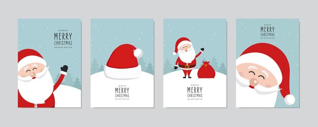 Christmas card set merry christmas happy new year greeting with cute santa claus lettering vector