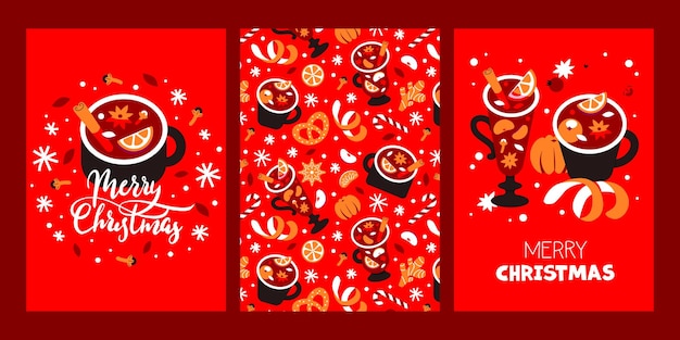 Набор рождественских открыток. Глинтвейн, мандарины, вино, специи. Бесшовный узор, текстильный фон