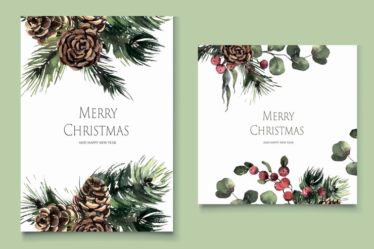 Christmas card template design with beautiful pine cones and  leaves