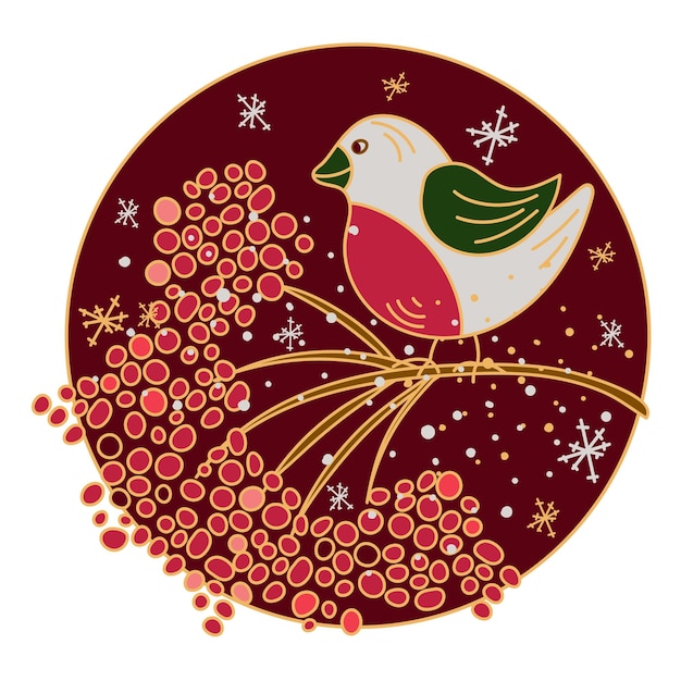 ベクトル ナナカマドの枝にウソ鳥のクリスマス カード テンプレート落書きスタイル