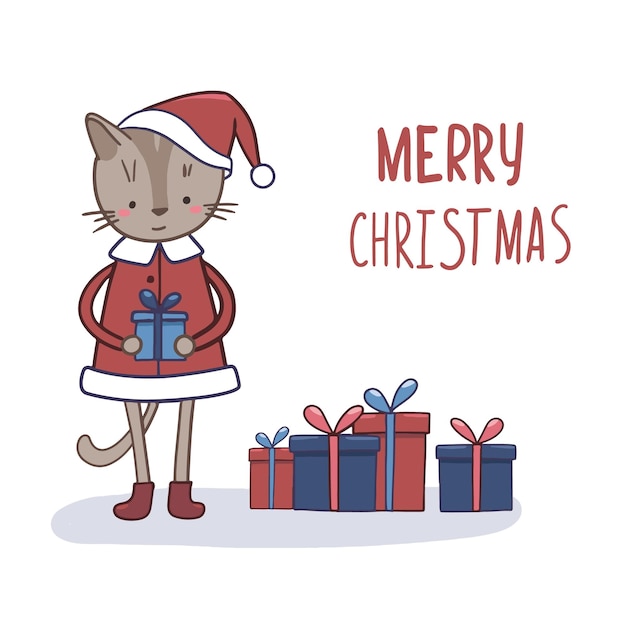 Vector christmas card template with cat and gift boxes.