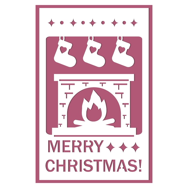 Christmas card template with fireplace and christmas stocking file cutting vector illustration