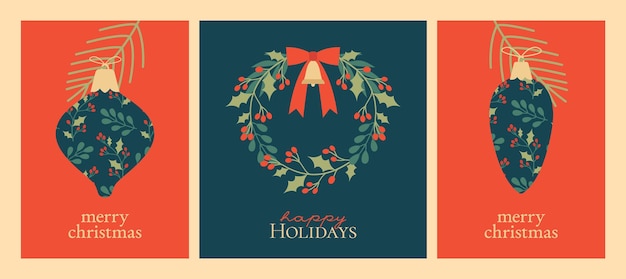 Christmas card templates with text 'Merry Christmas', 'Happy Holidays'. Wreath of winter plants.