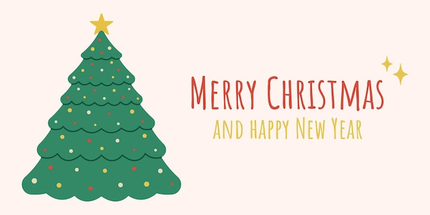 christmas card vector design xmas tree with star and garland flat style holiday banner background