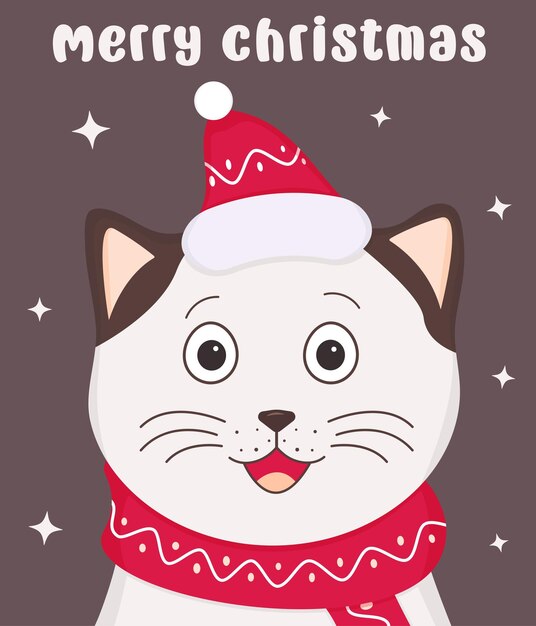 벡터 산타 모자를 입은 고양이가 있는 크리스마스 카드 인사 카드  ⁇ 터 일러스트레이션