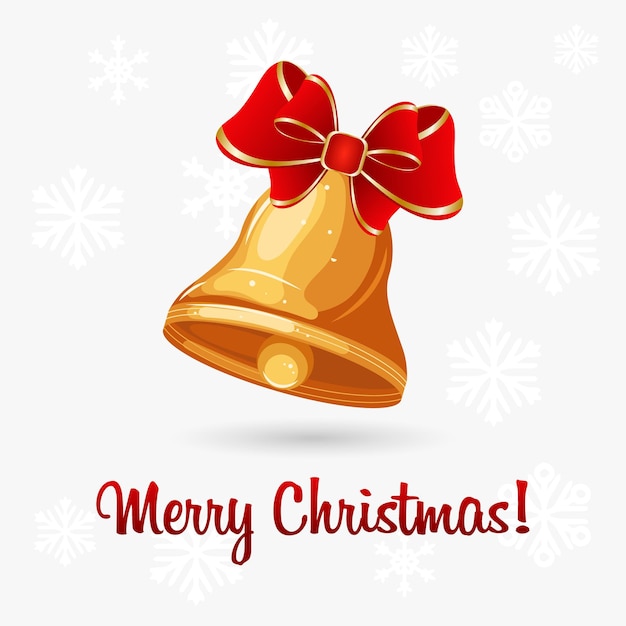 눈송이 배경에 황금 종, 붉은 활, 텍스트가 있는 크리스마스 카드