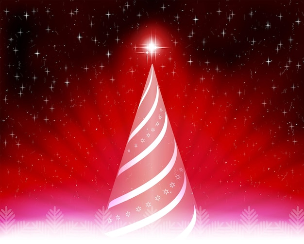 Christmas card with abstract tree rays of light and white snowflakes