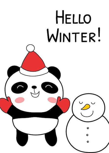 Christmas card with baby panda and snowman vector illustration