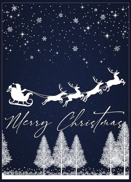 Christmas Card with blue background with flying Santa on it, merry Christmas card