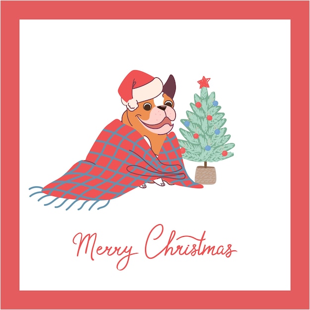 Christmas card with bulldog sitting in a blanket near a christmas tree