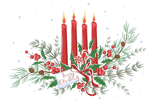 Christmas card with burning candles and decorations. Winter holidays design elements for background,