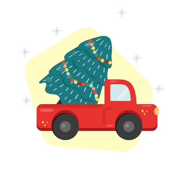 Рождественская открытка с машиной и елкой