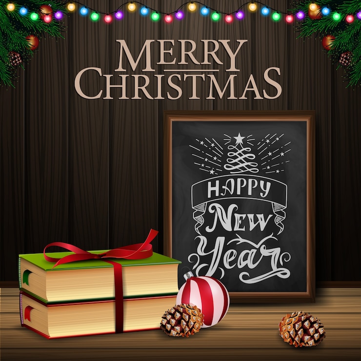 Vector christmas card with chalkboard and christmas book on wood background