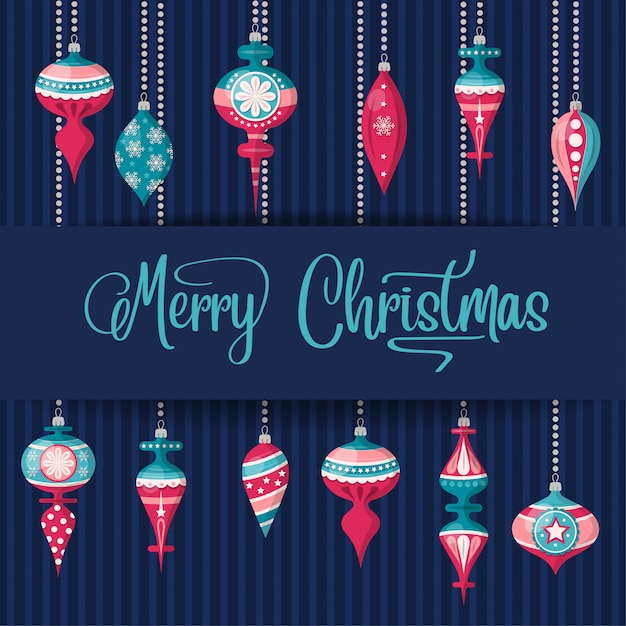 Christmas card with christmas balls and wishes. 