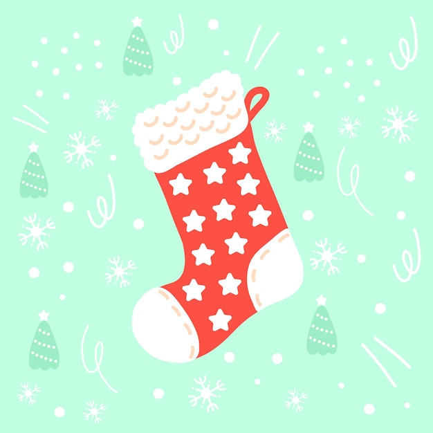 Christmas Card with Christmas stocking Christmas sock on green background Holiday card Doodles