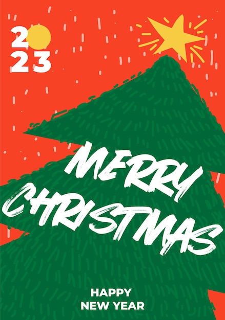 Christmas card with a christmas tree and font composition merry christmas