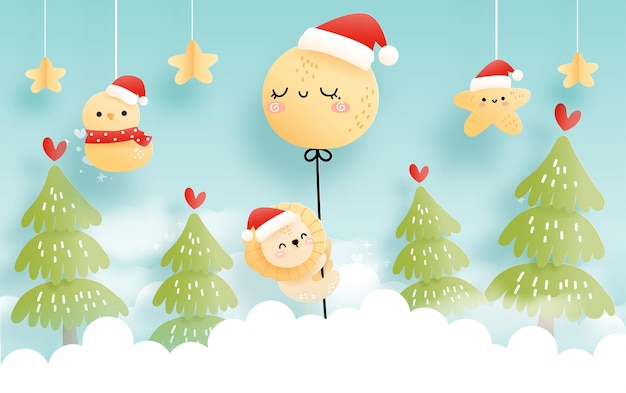 雲と動物の赤ちゃんとクリスマスカード赤ちゃんの最初のクリスマスのお祝い