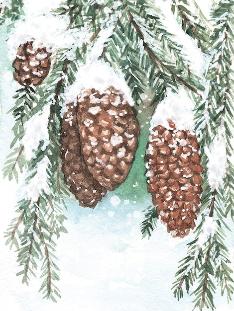 christmas card with cones in the forest