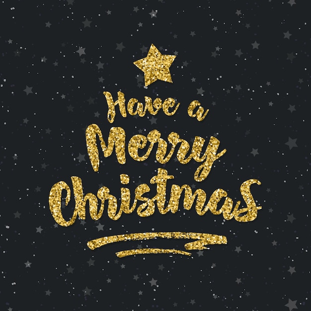 お祝いのクリスマス カードには、星の黒い休日の背景にメリー クリスマスと星のゴールドのキラキラ効果があります休日の装飾要素ベクトル図