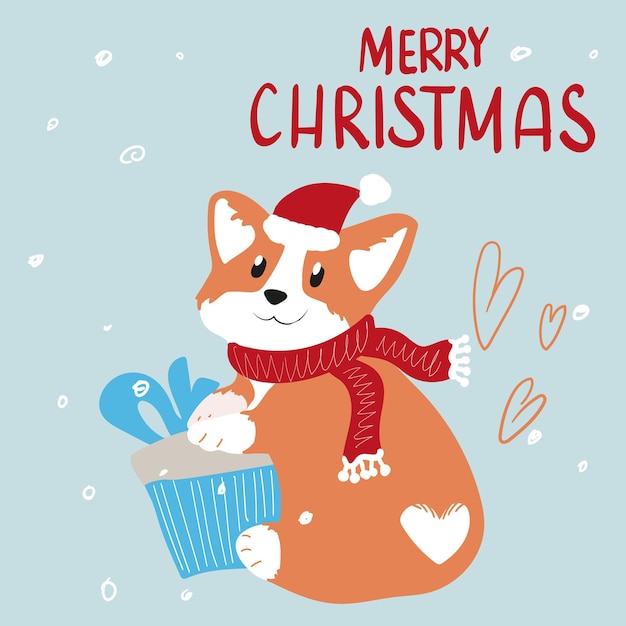 Christmas card with a corgi and a present.