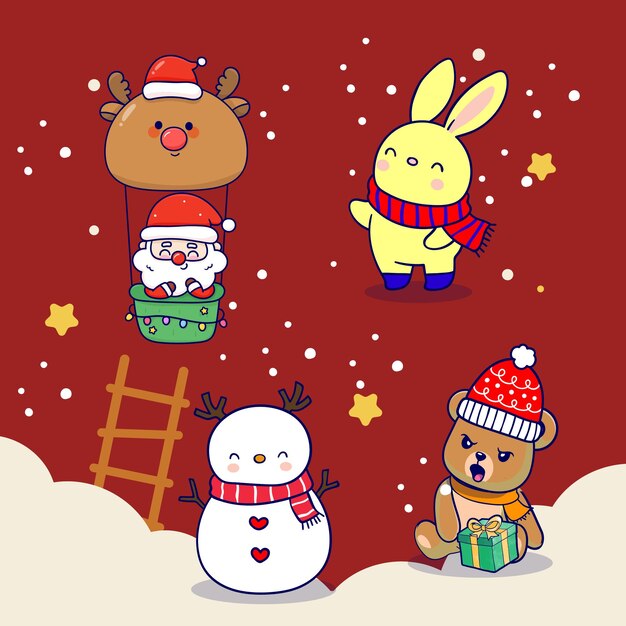 Christmas card with cute animals and snowman vector illustration for your design