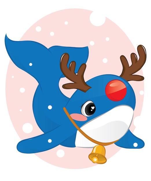 Christmas card with cute baby whale in deer headband