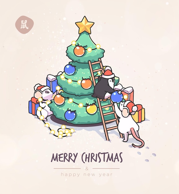 Vector christmas card with cute cartoon mice in vector funny and happy new year of mouse or rat