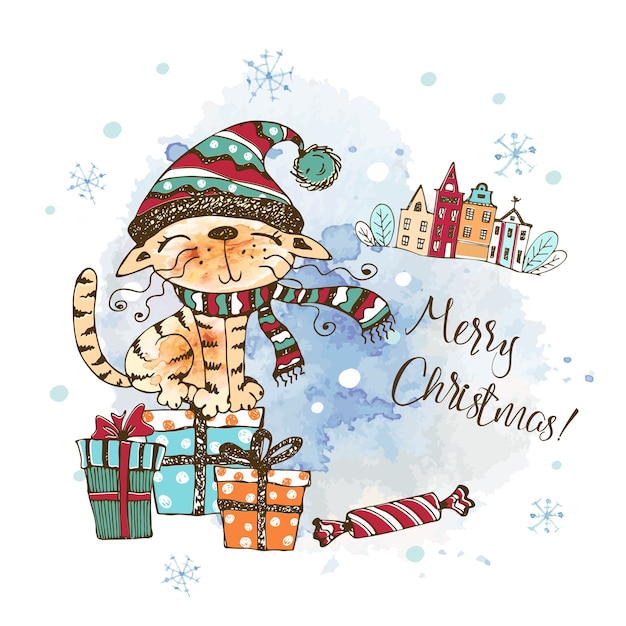 Christmas card with a cute cat in a knitted hat sitting on gift boxes