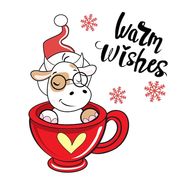 Christmas card with a cute cow in a santa claus hat and the inscription warm wishes. Symbol 2021