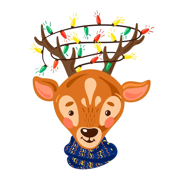 Vettore cartolina di natale con cervi carini e luci di natale illustrazione animale vettoriale cute baby deer