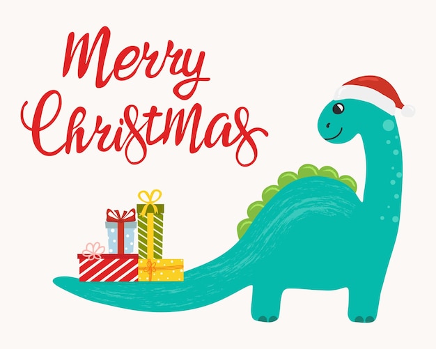 Vettore cartolina di natale con simpatico dinosauro con cappello di babbo natale con regali sulla coda. buon natale.