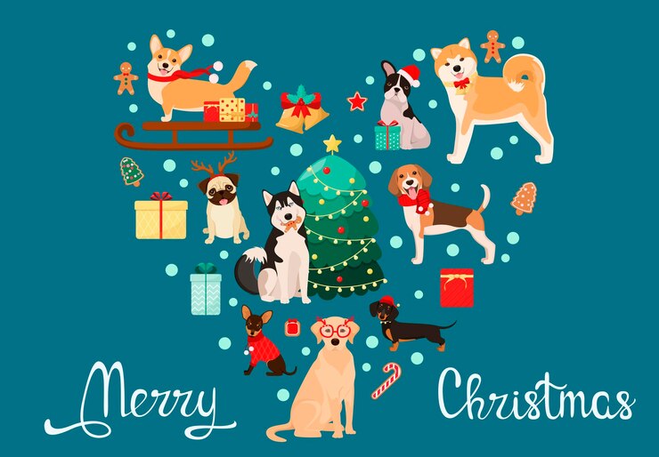 漫画のスタイルでかわいい犬のクリスマス カード。