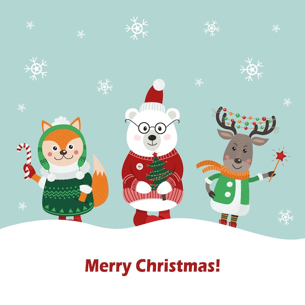 Vector christmas card with cute forest animals.