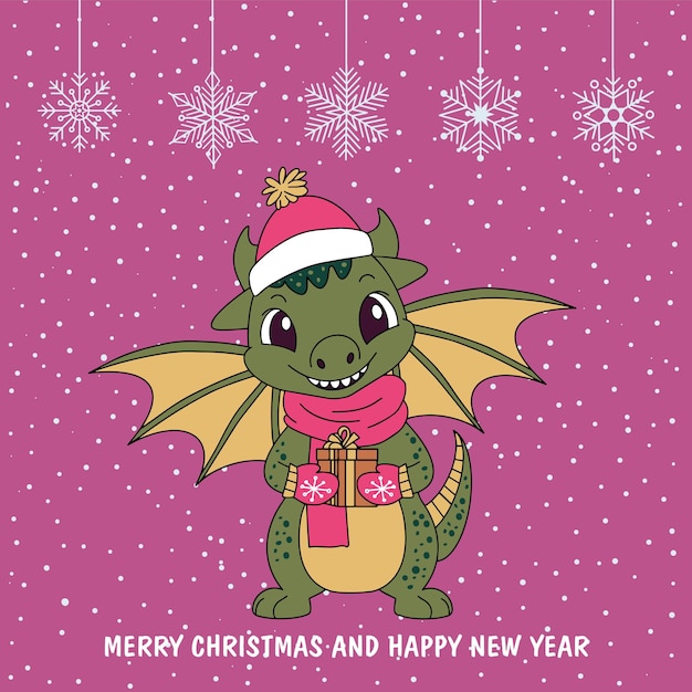 Christmas card with a cute green dragon symbol of 2024 Funny green dragon with a gift Merry Christmas and Happy New Year card Vector Vector illustration