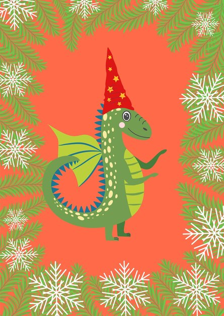 Vector christmas card with cute green dragon year of the dragon 2024 china