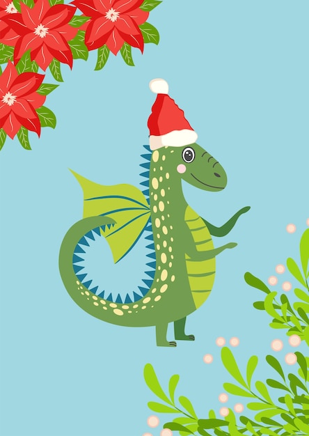 Vector christmas card with cute green dragon year of the dragon 2024 china